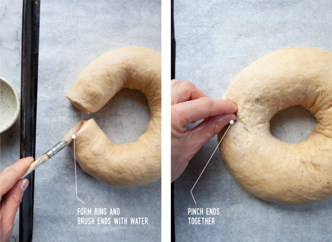 Left image is the log formed into a ring, with a hand brushing the edges with water. Right image is a hand pinching the ends of the ring together.