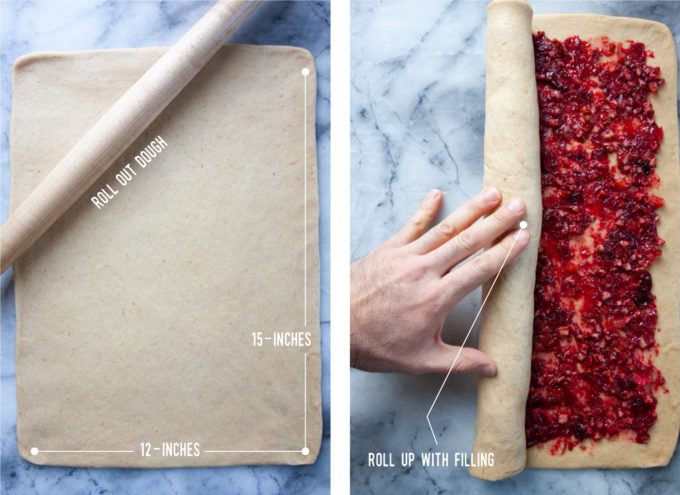 Left image is a rolling pin on the dough rolled out into a 12 by 15 inch rectangle. Right image is the dough with the cranberry sauce spread on it and a hand rolling it up into a log.