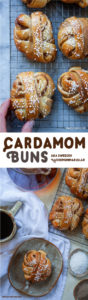 Top image is a hand reaching for a cardamom bun on a wire cooling rack. Bottom image is cardamom bun on a plate next to a mug of coffee, a Chemex carafe filled with coffee and a wire cooling rack with more cardamom buns.