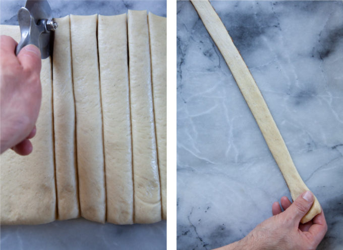 Left image is a hand using a pizza cutter to cut the dough into 1-inch wide strips. Right image is a hand gently stretching out one of the dough strips.