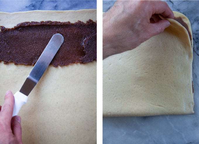 Left image is a spatula spreading the cardamom filling over dough. Right image is a hand folding the dough in half, sandwiching the filling in the middle of the dough.