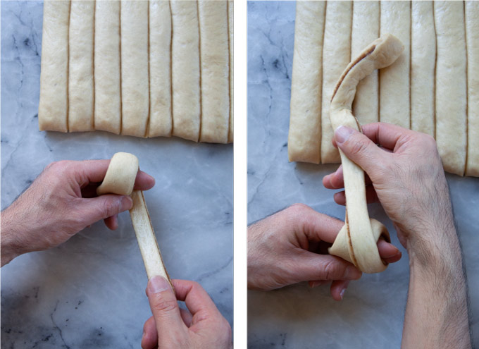 Left image is a dough strip being wrapped around the finger once. Right image is the dough being pulled over to wrap around the finger twice.