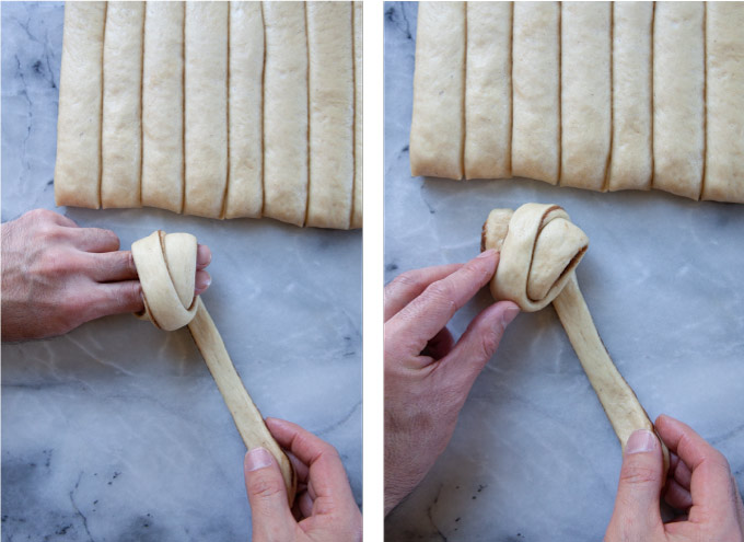 Left image is the cardamom bun dough wrapped around the finger three times. Right image is the dough after it has been removed from the fingers.