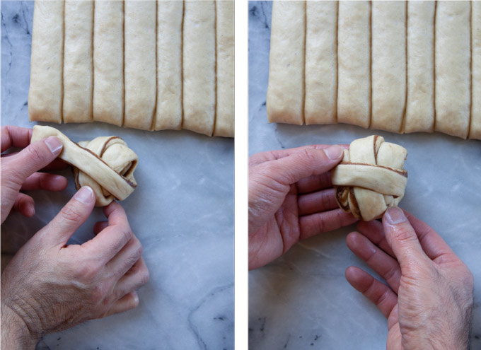 Left image is the end of the dough being wrapped around the dough in a perpendicular manner forming a knot. Right image is the bun formed, with the loose end at the bottom of the bun.