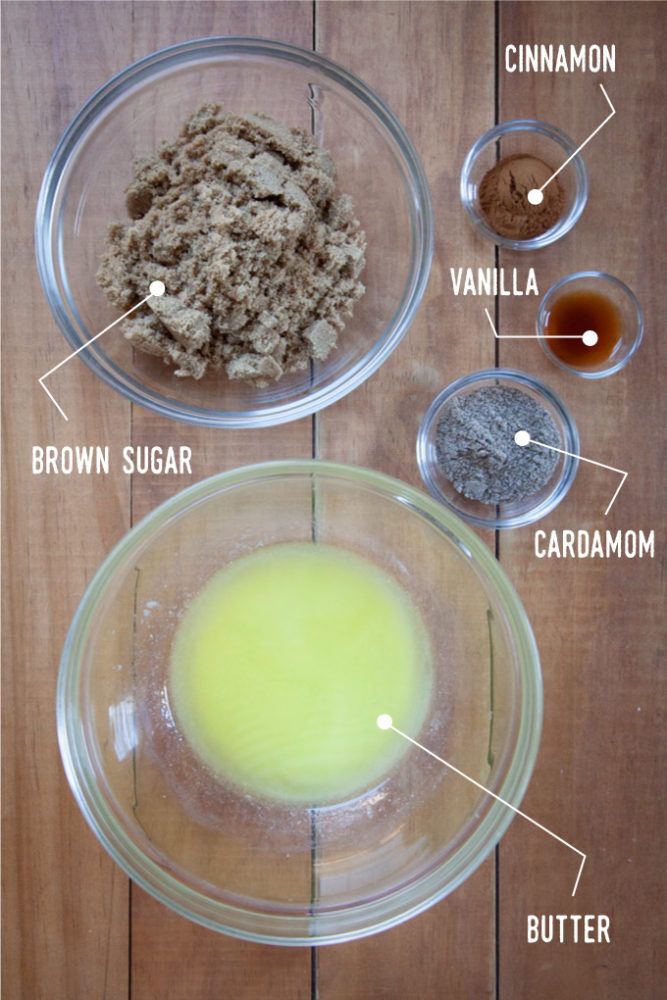 The ingredients for the filing,butter, brown sugar, vanilla, cardamom and cinnamon all in individual bowls.