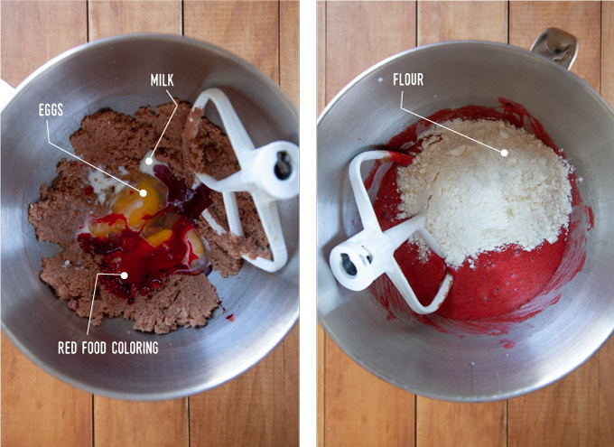 Left image is egg, milk, and red food coloring added to cookie dough ingredients. Right image is flour added to the cookie dough ingredients.