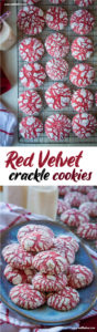 Top image is red velvet crackle cookies on a wire cooling rack. Bottom image is red velvet crackle cookies on a blue plate with two small milk bottles filled with milk behind it.