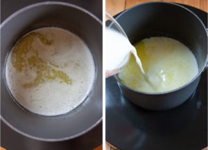 Left image is melted butter in a pot. Right image is milk being poured into the pot with melted butter.