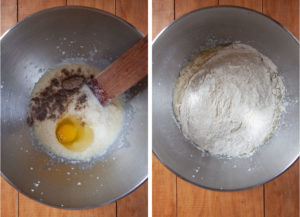 Left image is a mixing bowl with melted butter, milk, yeast, cardamom, salt and egg. Right image is sugar and flour added to the bowl.