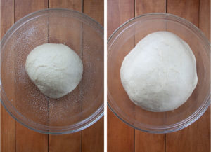 Left image is a glass bowl with dough from the semla in it. Right image is the same dough after it has raised and doubled in size.