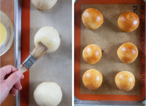 Left image of a hand with a brush, adding an egg wash glaze to the unbaked bun. Right image is baked semla buns on a baking pan lined with a silicon baking sheet.