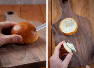 Left image is a knife cutting open a semla bun. Right image is a hand holding the top of the bun and cutting out some of the inside dough from the top.