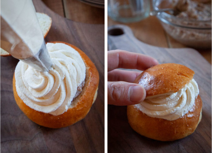 Left image is a Swedish semla bun being filled with whipped cream. Right image is a hand placing the top of the bu on the whipped cream filled bun.
