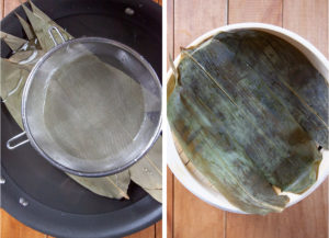 Left image is dry bamboo leaves soaking in water. Right image is wet bamboo leaves lining a bamboo steamer basket.