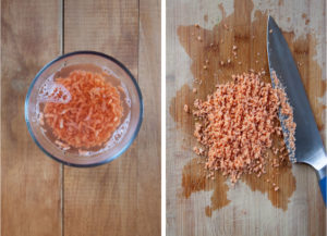 Left image is dried shrimp in a bowl covered with hot water. Right image is dried shrimp chopped.
