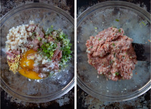 Left image is all the pearl meatball filling ingredients in a bowl ready to be mixed together. Right image is the meatball filling mixed together.