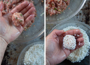Left image is a hand holding a ball of the pork filling. Right image is a hand holding the meatball coated in glutinous rice.