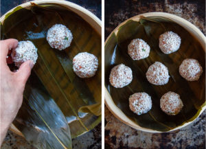 Left image is a hand placing a pearl meatball in the bamboo steamer. Right image is the bamboo steamer filled with uncooked pearl meatballs.
