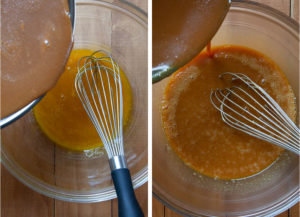 Left image is hot caramel being added to the bowl of beaten eggs. Right image is more caramel being added to the bowl of caramel and eggs.