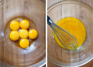 Left image is 6 egg yolks in a bowl. Right image is a whisk that has beaten the eggs yolks together.