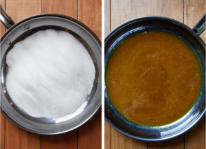 Left image is white sugar in a large pan. Right image is the caramelized sugar in a pan.