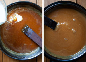Left image is hot milk and cream being poured into the caramelized sugar in a pan. Right image is all the dairy incorporated and the resulting smooth caramel sauce in a pan.