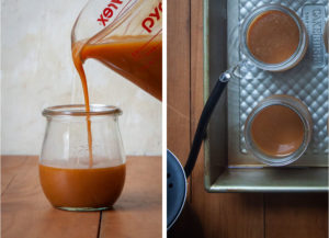 Left image is a glass measuring cup pouring the caramel custard into a small jar. Right image is hot water being poured in a baking pan with the caramel pots de creme in it.