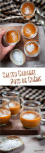Top image is a hand reaching for a salted caramel pot de creme with other pots de creme next to it on a cutting board and a small plate of salt. Bottom image is salted caramel pots de creme on a cutting board with a small plate of salt next to it.