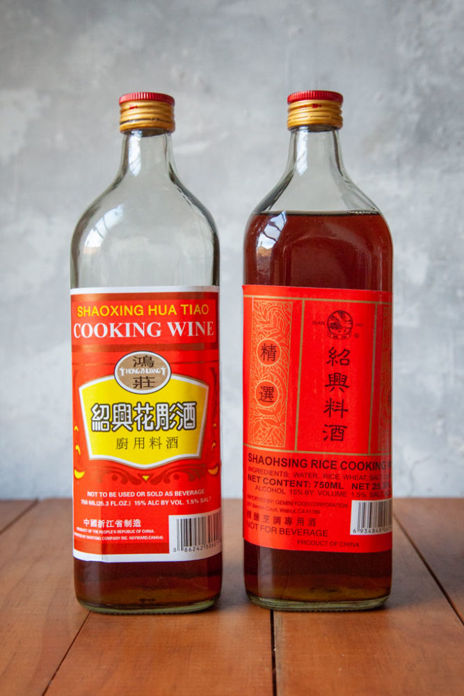 Two bottles of Chinese Shaoxing cooking wine next to each other.