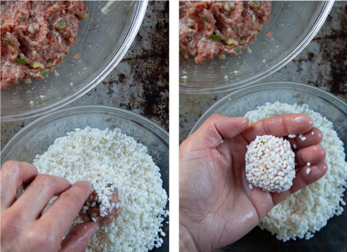Left image is a raw pearl meatball being rolled in glutinous rice. Right image is a hand holding the finished pearl meatball coated in raw glutinous rice.