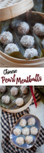 Top image is Chinese pearl meatballs in a steamer basket. Bottom image is Chinese pearl meatballs on a blue plate with more pearl meatballs in a bamboo steamer basket next to it.