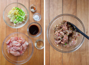 Left image is ingredients for the Taiwanese popcorn chicken marinade and the chopped chicken in bowls. Right image is the chicken in the marinade in a bowl.