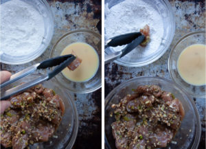Left image is a tong dipping a marinaded chicken piece into an egg water dip. Right image is a tongs dipping the chicken in sweet potato flour to coat.