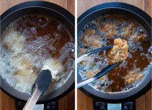 Left image is tongs placing a coated piece of chicken in hot oil to fry. Right image is tongs pulling the chicken out of the hot oil when it is done and golden brown.