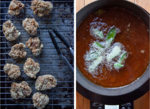 Left image is Taiwanese popcorn chicken on a wire rack draining. Right image is Thai Basil leaves frying in hot oil.