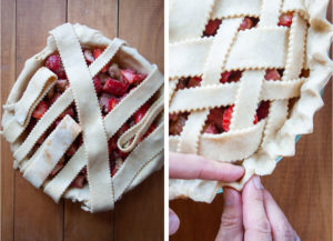 Left image is pie with strips of pie dough being woven on top. Right image is hands pinching and sealing the dough edges together.