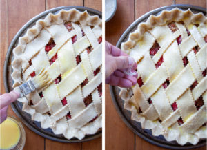Right image is pie being brushed with an egg wash. Right image is a hand sprinkling sugar on top of the pie.