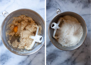 Left image is an egg added to the cookie batter. Right image is flour added to the cookie batter.