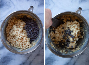 Left image is white and semi-sweet chocolate chips added to the cookie dough. Right image is a hand mixing in the chocolate to the dough.