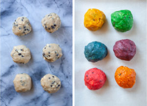 Left image is the cookie dough divided into 6 parts. Right image is the cookie dough colored with food coloring.