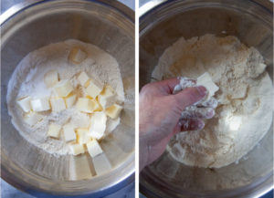 Left image is cubed cold butter in dry ingredients for crust. Right image is a hand breaking up the butter into small flat pieces.