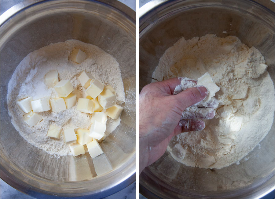 Left image is cubed cold butter in dry ingredients for crust. Right image is a hand breaking up the butter into small flat pieces.