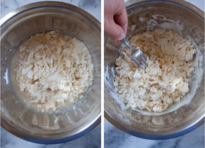 Left image is the crust ingredients in a bowl. Right image is a hand with a fork tossing the ingredients together with water.
