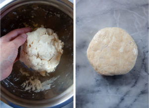 Left image is a hand gathering the dough into a ball in a bowl. Right image is the dough flattened into a disk and wrapped in plastic wrap.