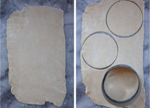 Right image is half the dough rolled out into a rectangle. Right image is the dough with three circles cut out.