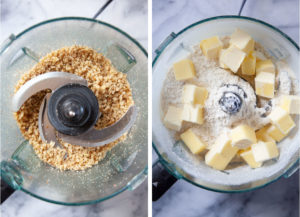 Left image is walnuts broken into small bits in a food processor bowl. Right image is the rest of the crust ingredients, including cubes of butter, in the bowl of a food processor.