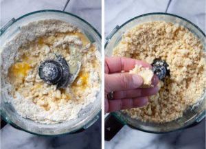 Left image is a food processor with crust ingredients and water in it. Right image is the crust processed and a hand pressing some of the crust together to form a dough.