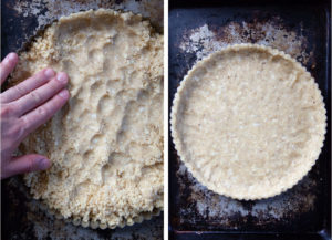 Left image is a hand pressing the dough into the bottom of a tart pan. Right image is the tart pan with the crust pressed into the bottom and up the sides.