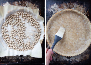 Left image is the crust covered with parchment paper and filled with pie weights. Right image is a hand brushing an egg white wash over the crust.