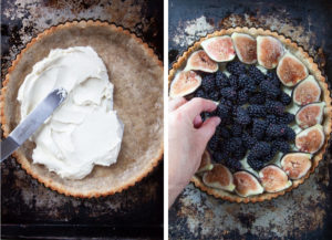 Left image is a spatula spreading goat cheese into the crust. Right image is a hand adding blackberries to the center of the tart.